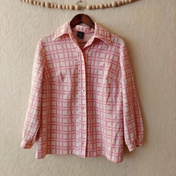 Vintage Alice Kaye Button Up Shirt Pink Geometric Mod Long Sleeves Retro - Picture 1 of 8